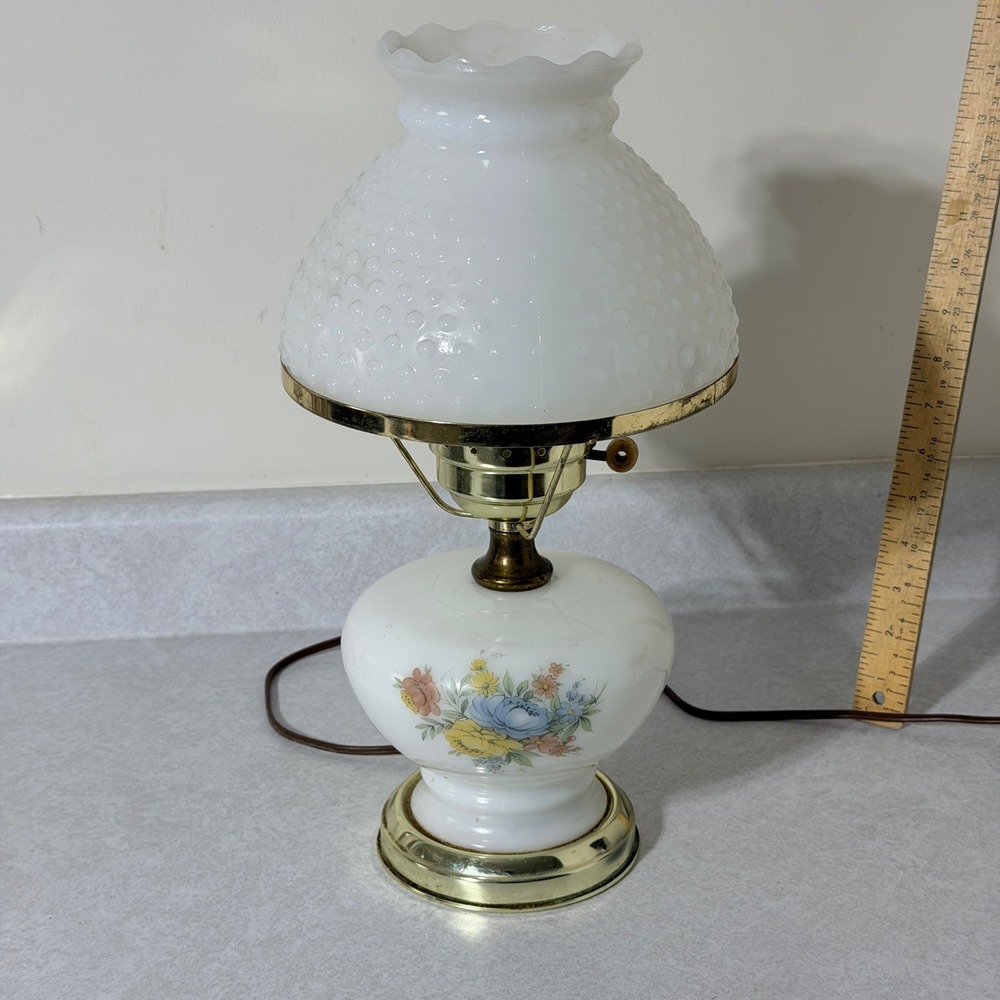 Vintage Milk Glass Hobnail Hurricane Lamp Floral Base‎ Dual Light 15 Inch